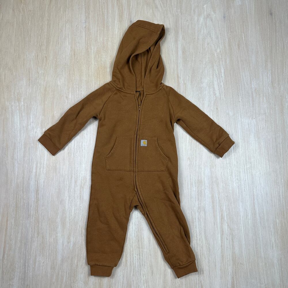 Carhartt Brown Hooded Zip Front Logo Sleeve Coverall Romper Fleece Infant 12M